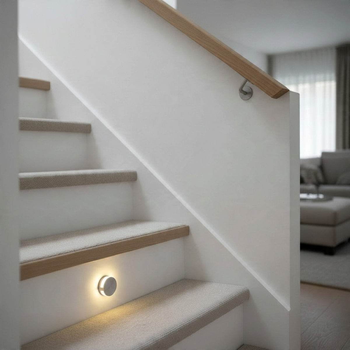 Ultra Beam Lighting Ltd round recessed LED step light emitting a soft glow on a modern staircase