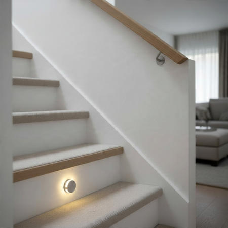 Ultra Beam Lighting Ltd round recessed LED step light emitting a soft glow on a modern staircase