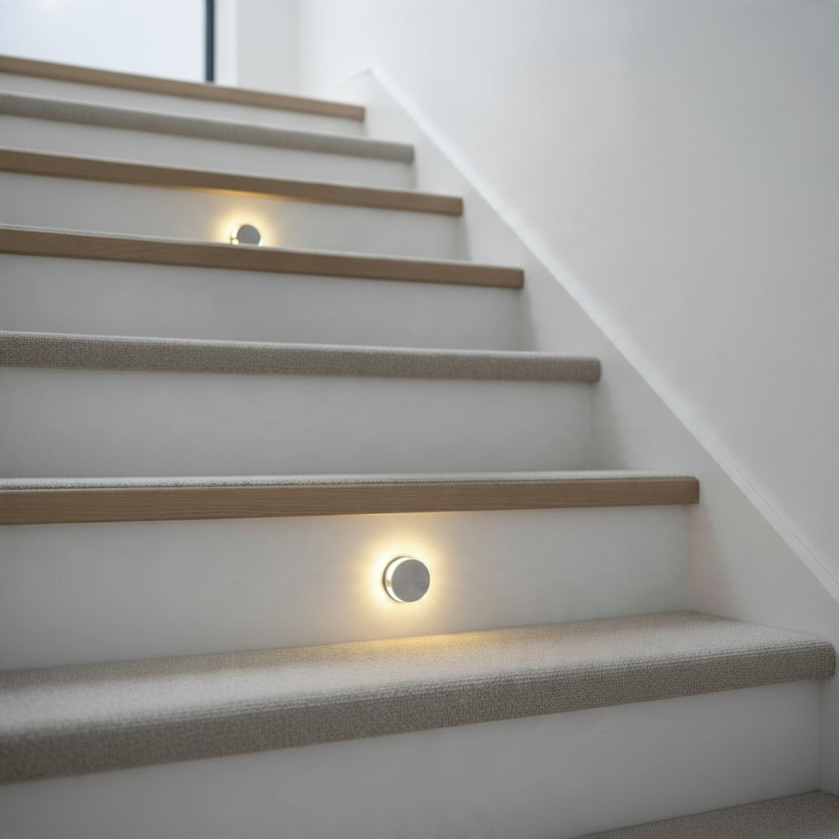 Ultra Beam Lighting Ltd round recessed LED step light in brushed aluminum installed on a carpeted staircase.