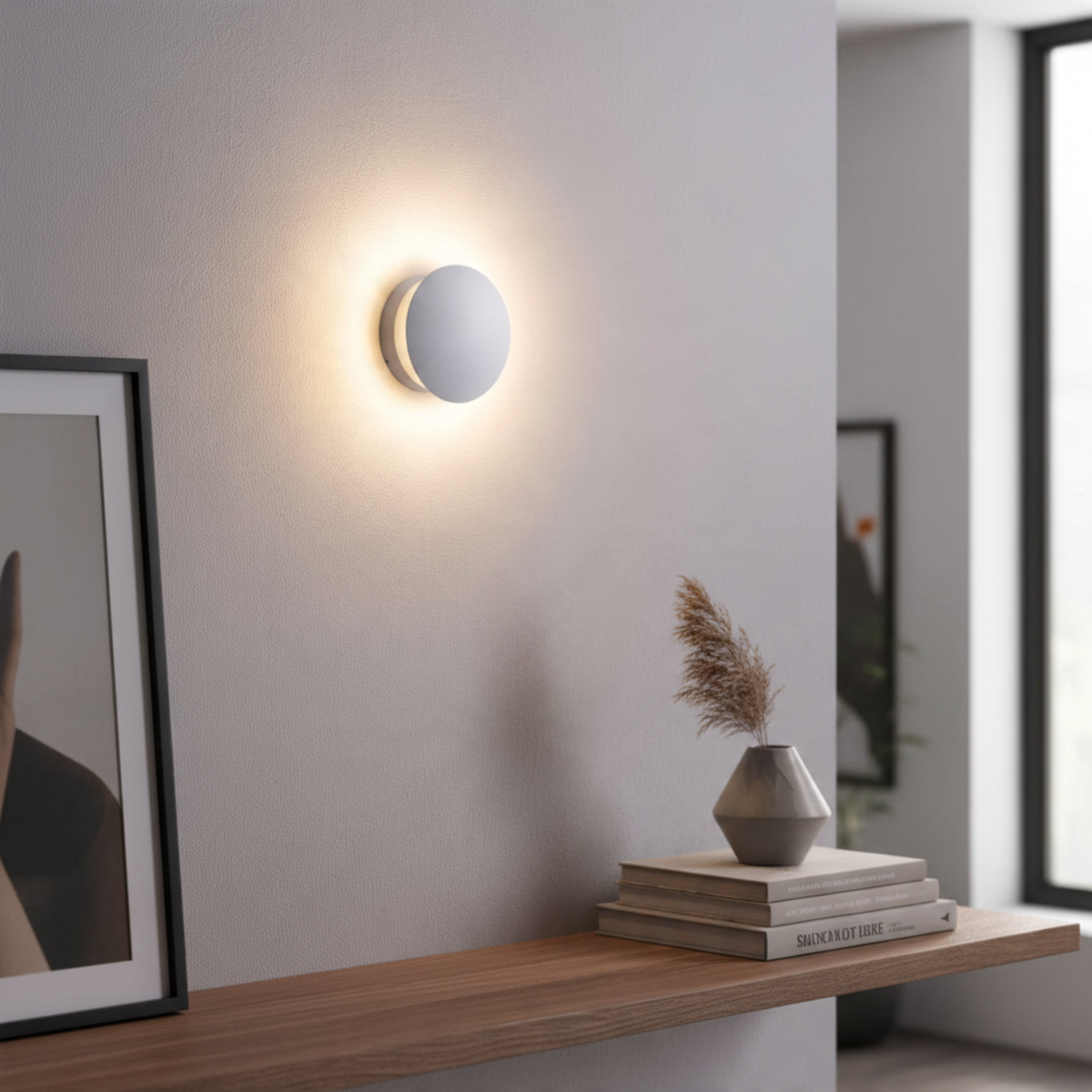 Ultra Beam Lighting Ltd round white indoor wall light with a soft glowing halo effect mounted on a modern wall