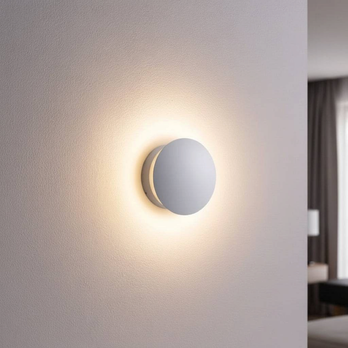 Ultra Beam Lighting Ltd round white LED wall light creating a soft glowing halo effect on a modern interior wall