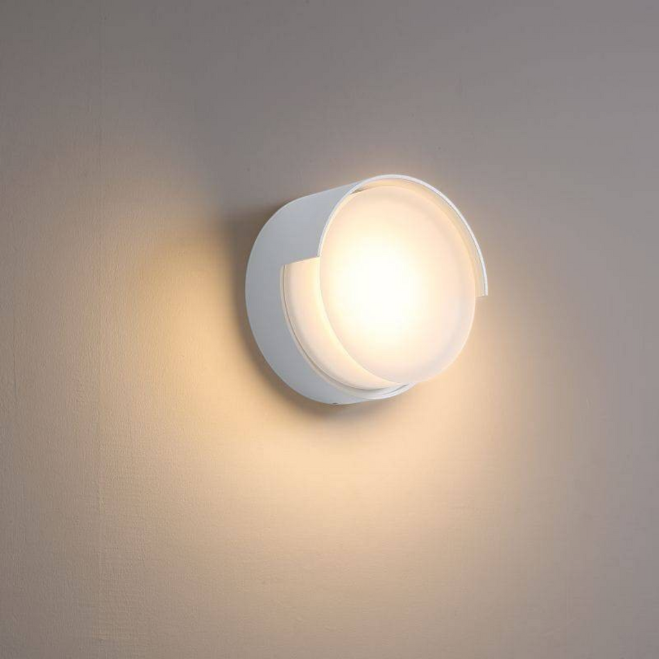Ultra Beam Lighting Ltd round white modern LED exterior wall light with an eyelid design and opal acrylic diffuser