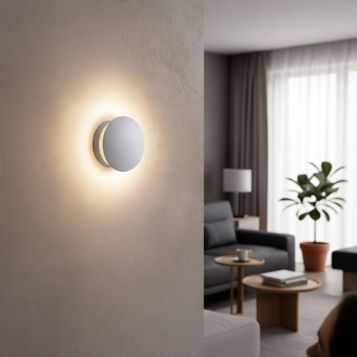 Ultra Beam Lighting Ltd round white LED wall light casting a soft halo glow on a modern living room wall