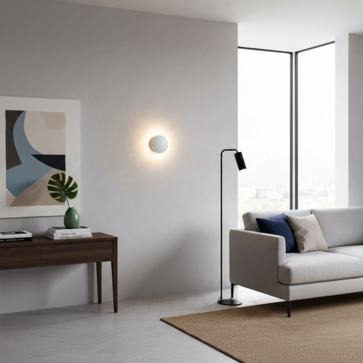 Ultra Beam Lighting Ltd 6W round white LED wall light creating a soft halo effect in a modern living room interior.