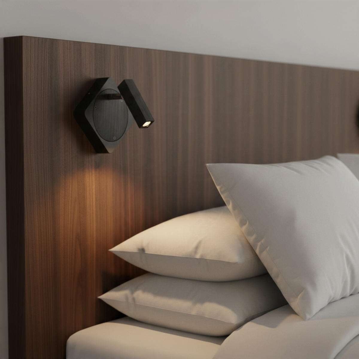 Ultra Beam Lighting Ltd Seville black LED wall reading light mounted on a wooden headboard above a bed