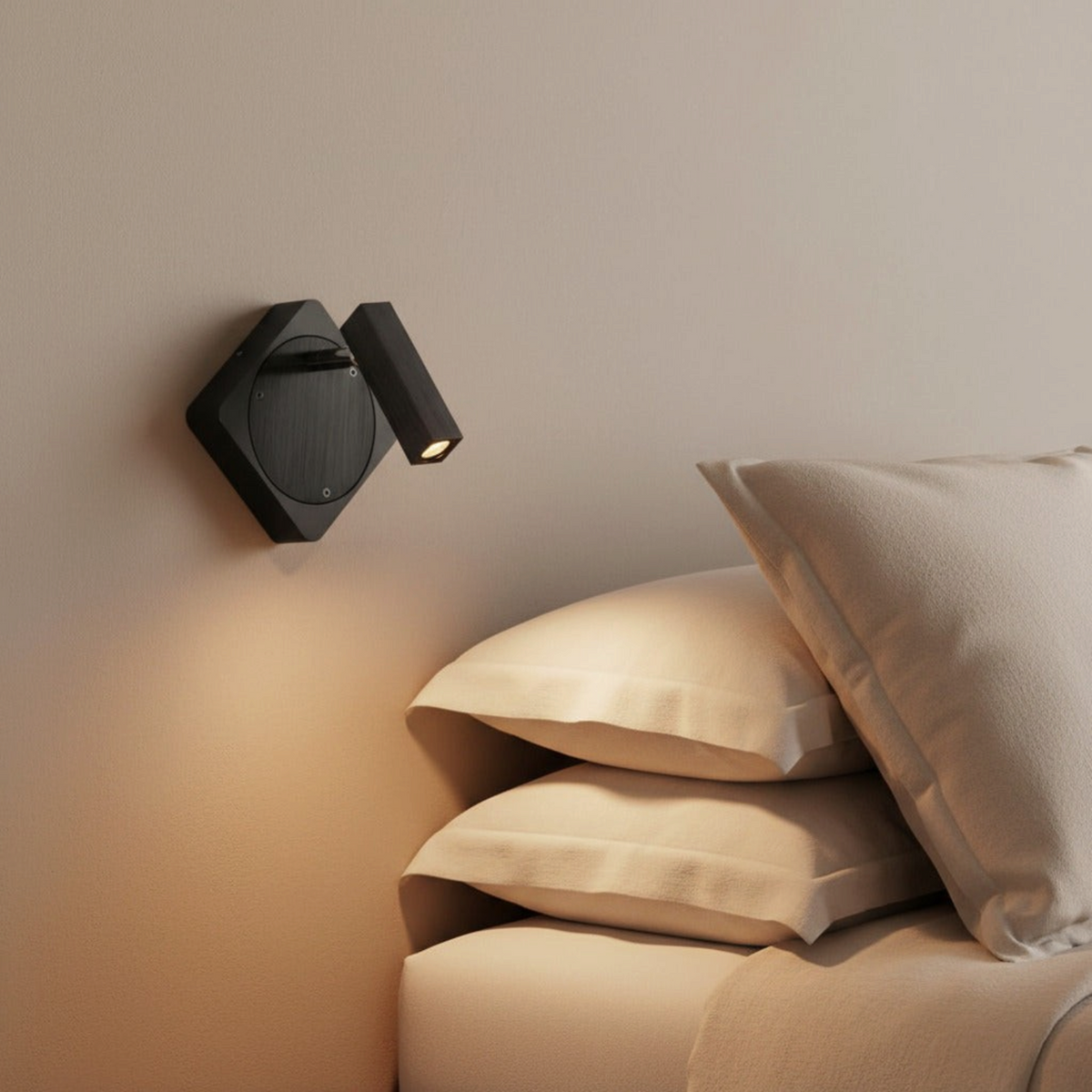 Ultra Beam Lighting Ltd Seville black LED wall reading light with adjustable head mounted above a bedroom pillow