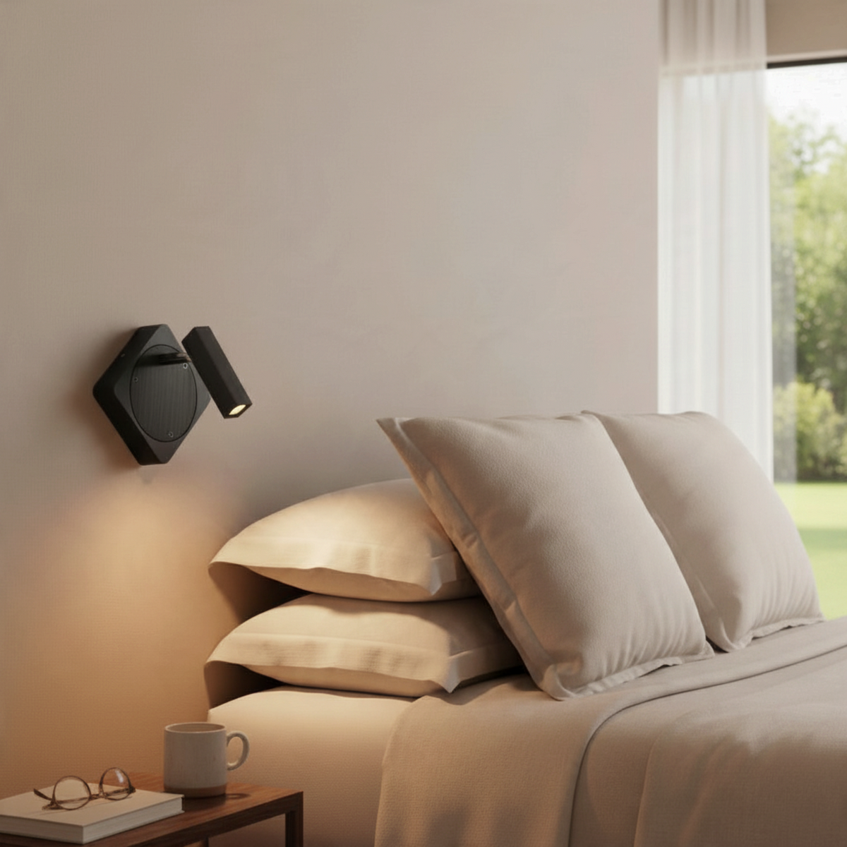 Ultra Beam Lighting Ltd Seville black LED wall reading light with adjustable head mounted above a modern bedroom bed