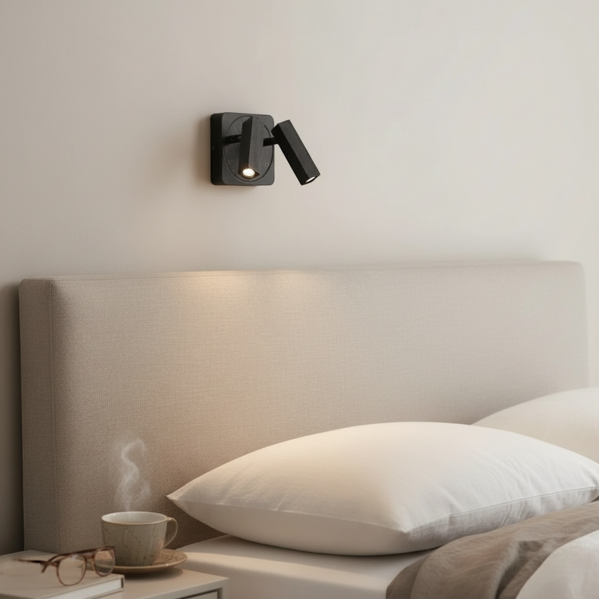 Ultra Beam Lighting Ltd Seville twin 3 watt black LED over bed reading lamp mounted on a neutral bedroom wall