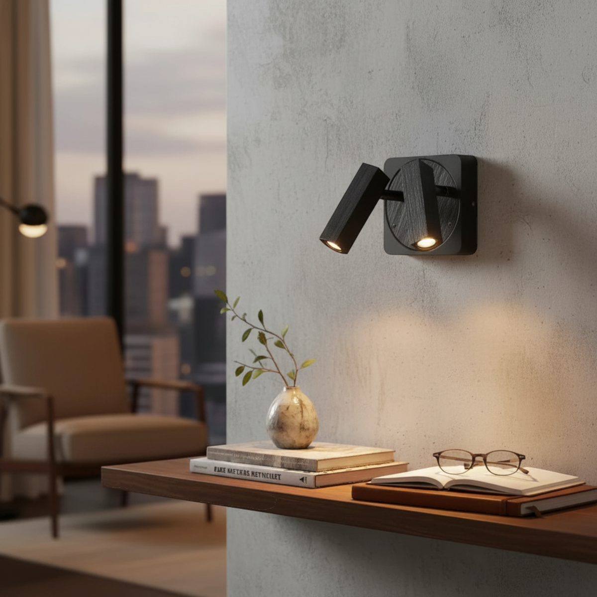Ultra Beam Lighting Ltd Seville twin 3W black LED reading lamp mounted on a textured wall above a wooden shelf.