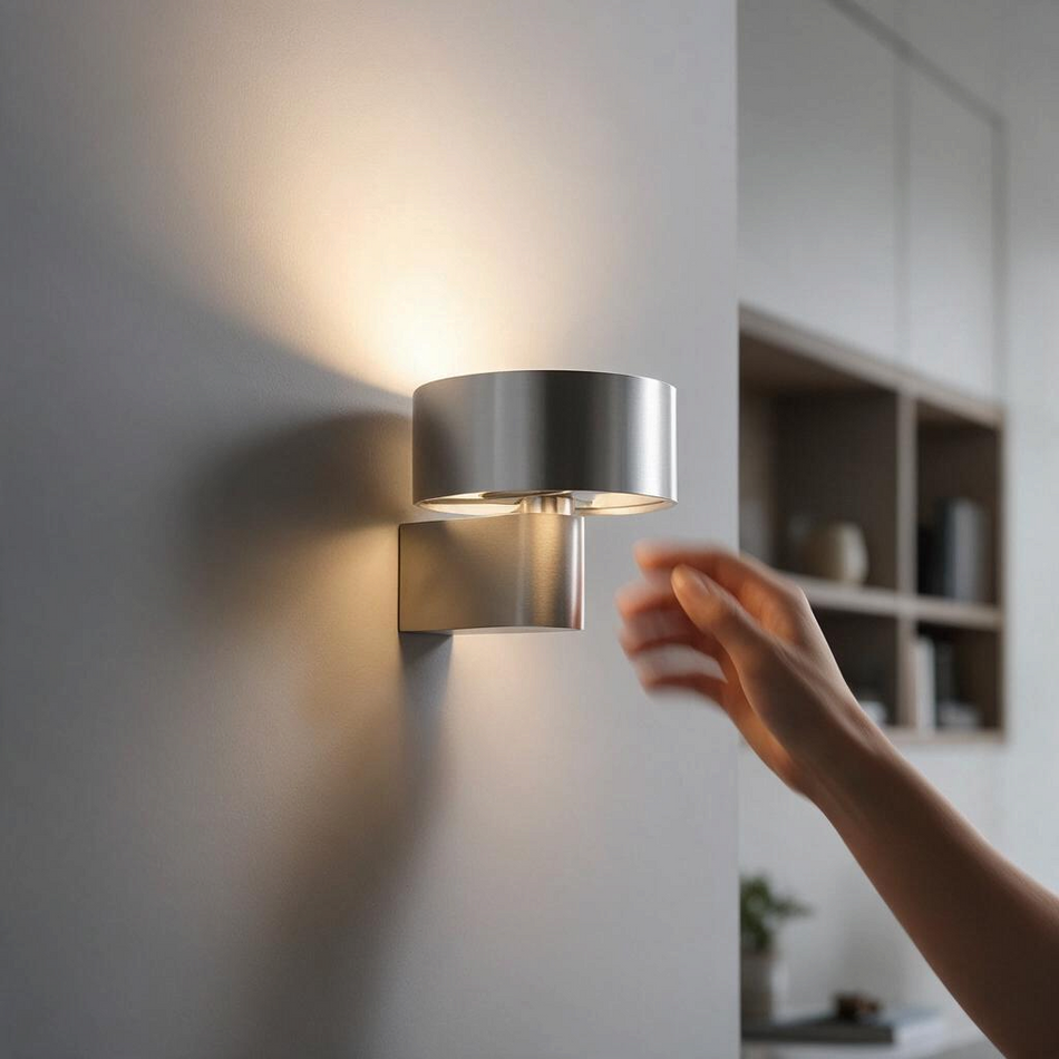 Ultra Beam Lighting Ltd modern silver lantern wall sconce with warm LED glow mounted on a neutral interior wall