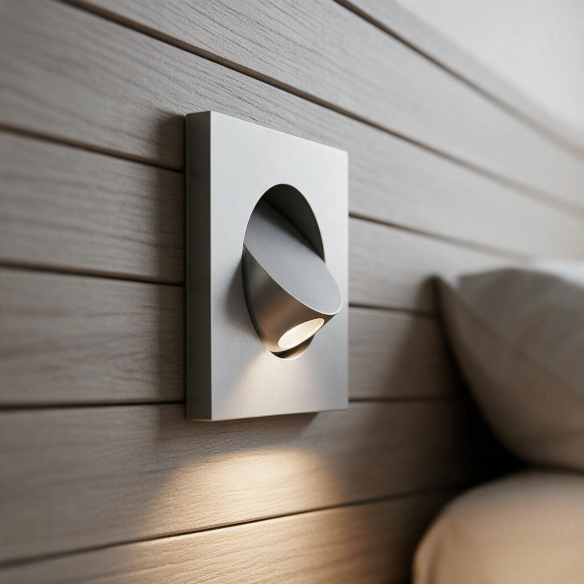 Ultra Beam Lighting Ltd silver square recessed LED reading lamp mounted in a wooden headboard with adjustable head.