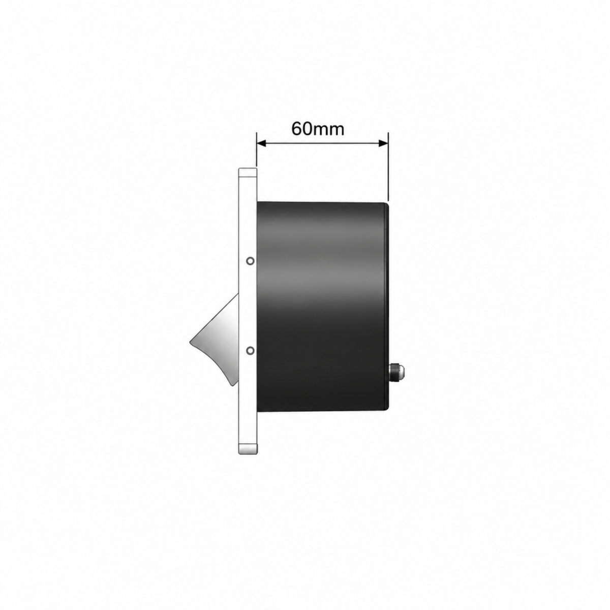 Ultra Beam Lighting Ltd silver square recessed LED reading lamp side profile view showing 60mm depth measurement