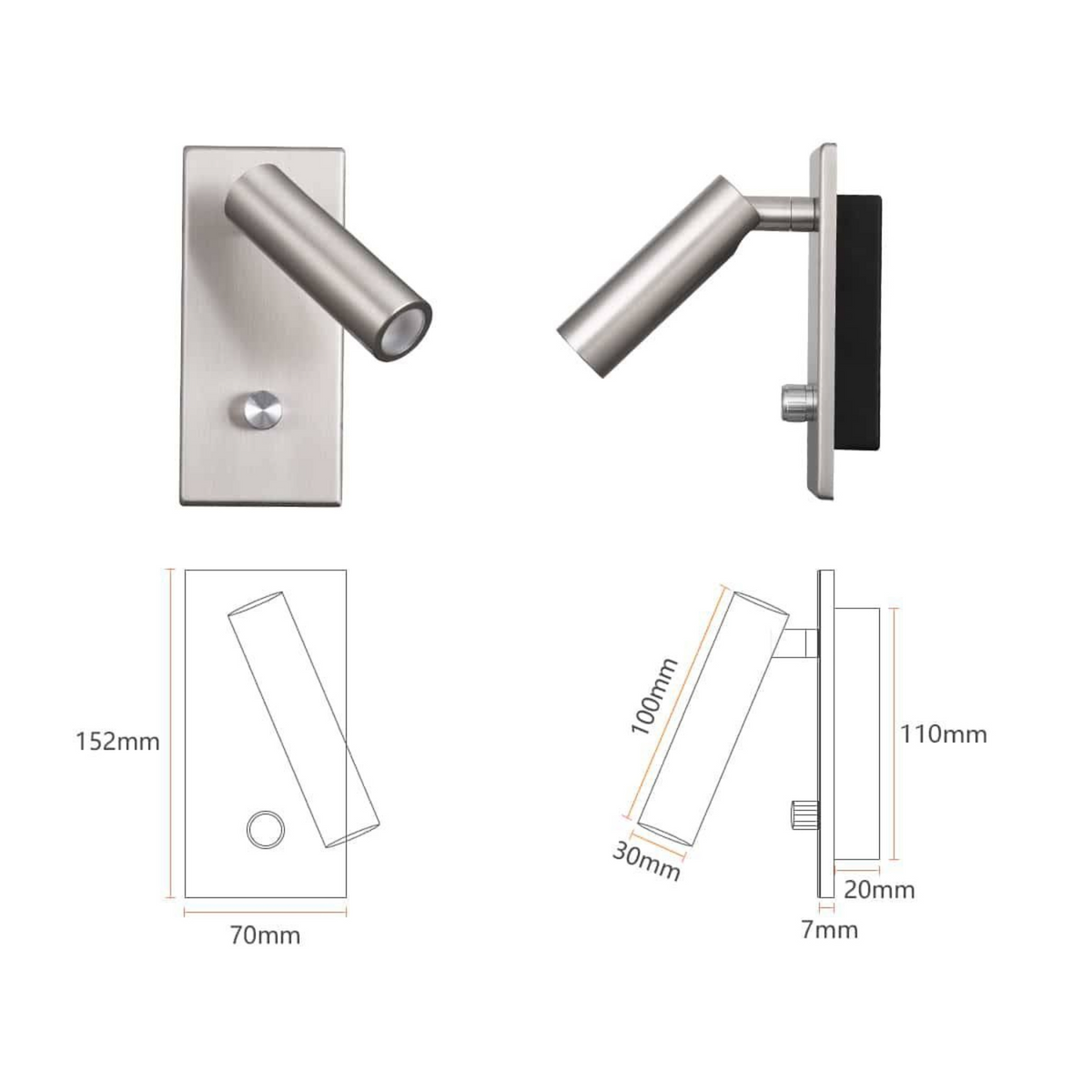 brushed nickel dimmable reading lamp showing products and line drawing of product with dimensions