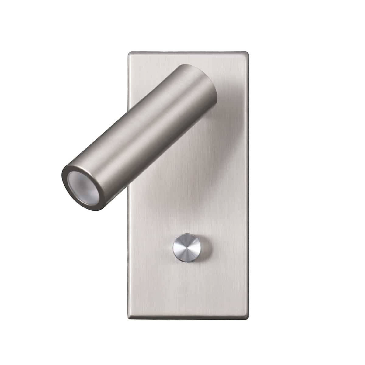 brushed nickel dimmable reading lamp front on image with light head pointing to the left