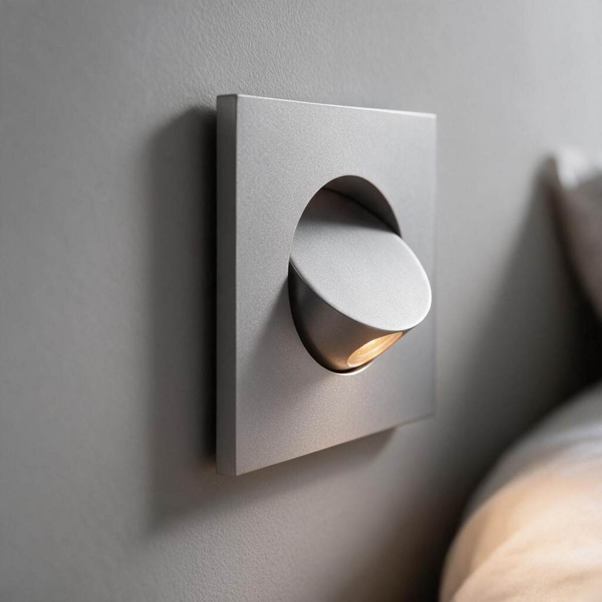 Ultra Beam Lighting Ltd square silver recessed LED reading lamp with adjustable tilt head mounted on a grey wall