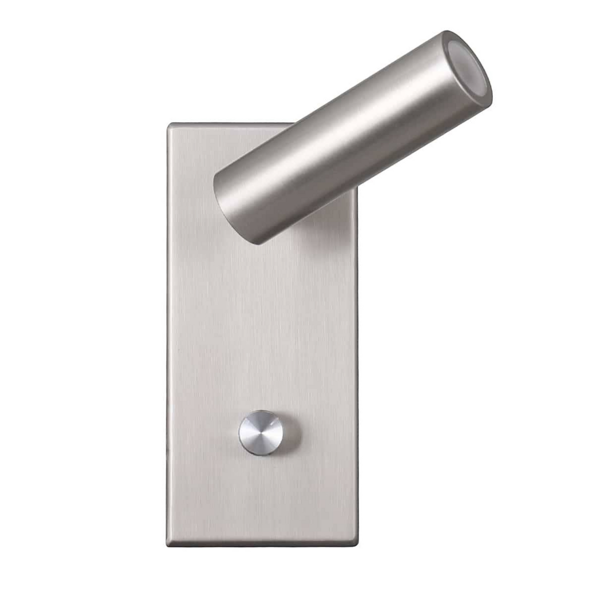 brushed nickel dimmable reading lamp front on image with light head pointing to the side