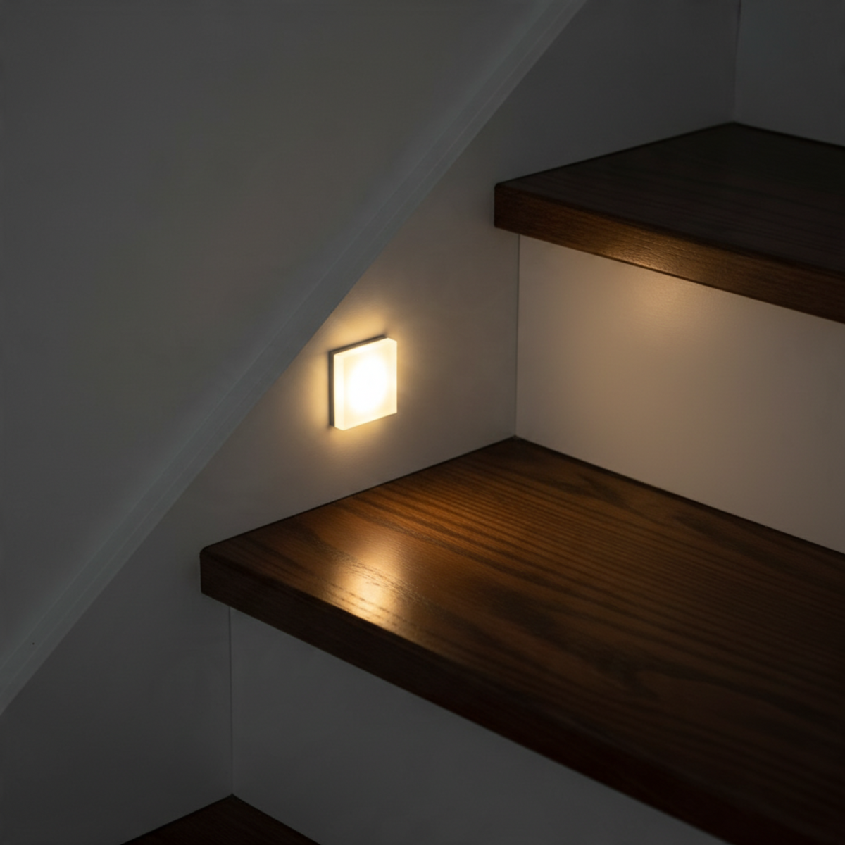 Ultra Beam Lighting Ltd square recessed LED stair light with sandblasted acrylic face illuminating a wooden staircase