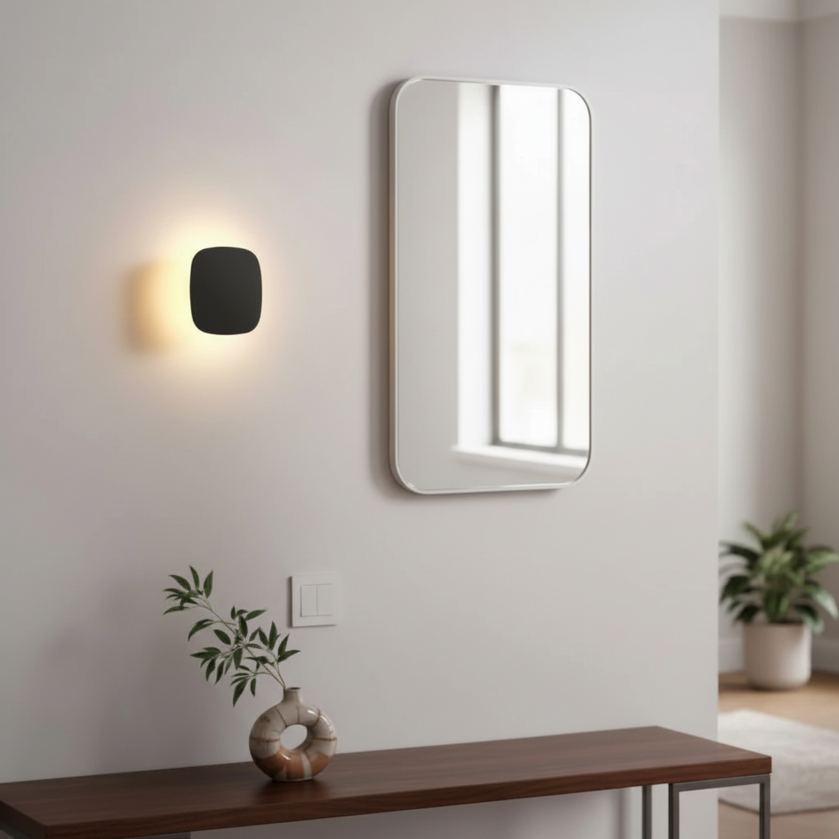 Ultra Beam Lighting Ltd 6W square black LED vanity wall light with warm halo glow mounted in a modern hallway