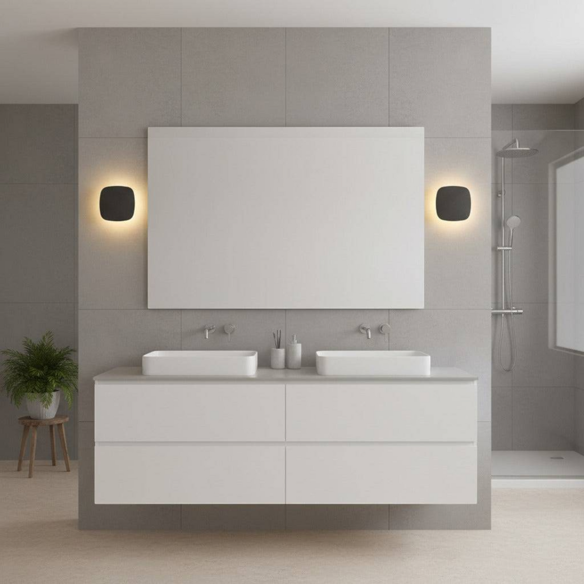 Ultra Beam Lighting Ltd square black LED vanity wall lights with halo effect installed in a modern grey bathroom