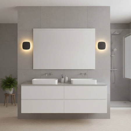 Ultra Beam Lighting Ltd square black LED vanity wall lights with halo effect installed in a modern grey bathroom
