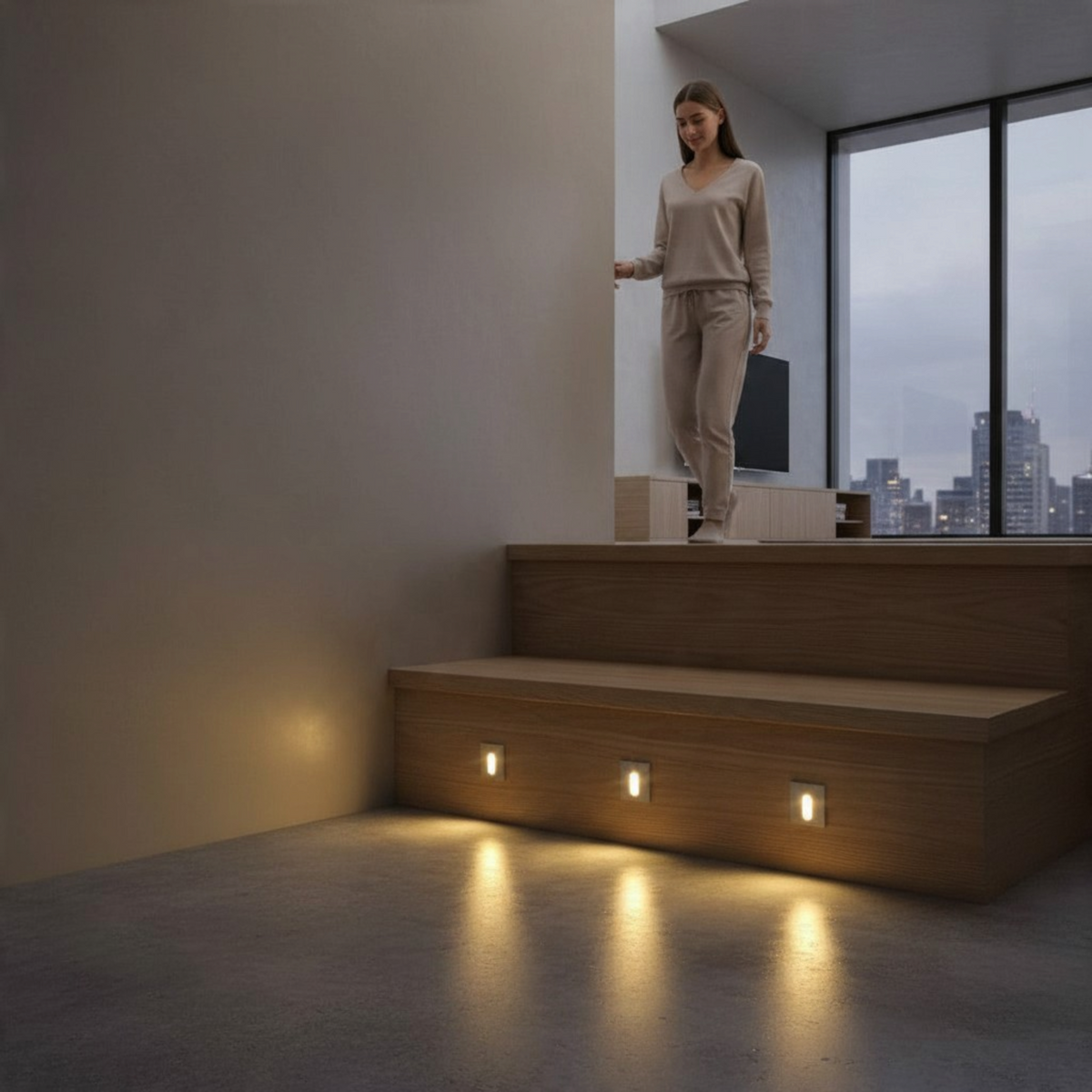 Ultra Beam Lighting Ltd square recessed LED stair lights with brushed aluminum finish illuminating wooden steps