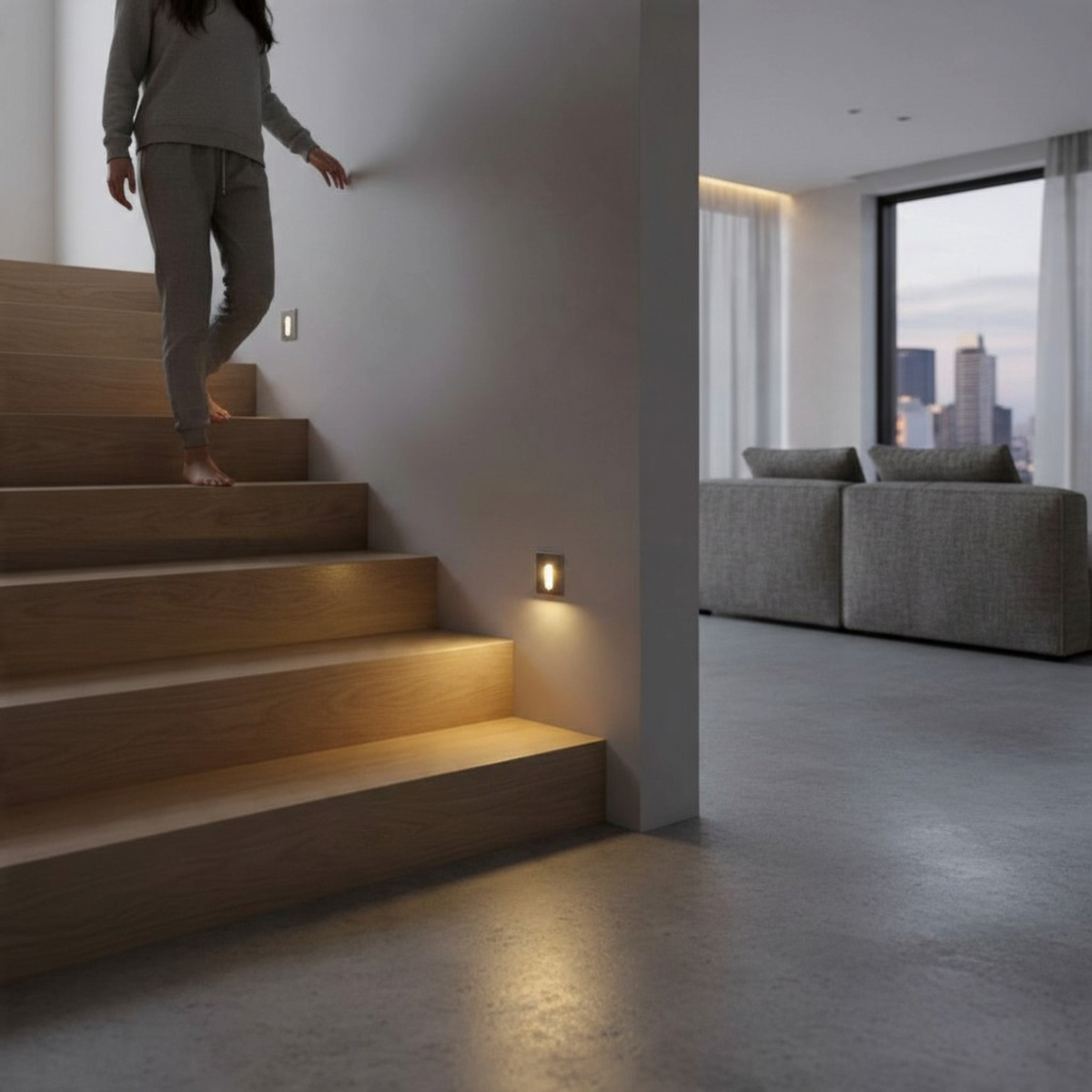 Ultra Beam Lighting Ltd square recessed LED stair light in brushed aluminum installed on a modern wooden staircase.