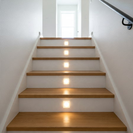 Ultra Beam Lighting Ltd square recessed LED stair lights with sandblasted acrylic faces illuminating wooden steps
