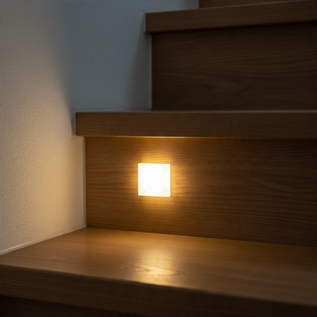 Ultra Beam Lighting Ltd square 1 watt LED recessed stair light with a sandblasted acrylic face glowing on a wooden step
