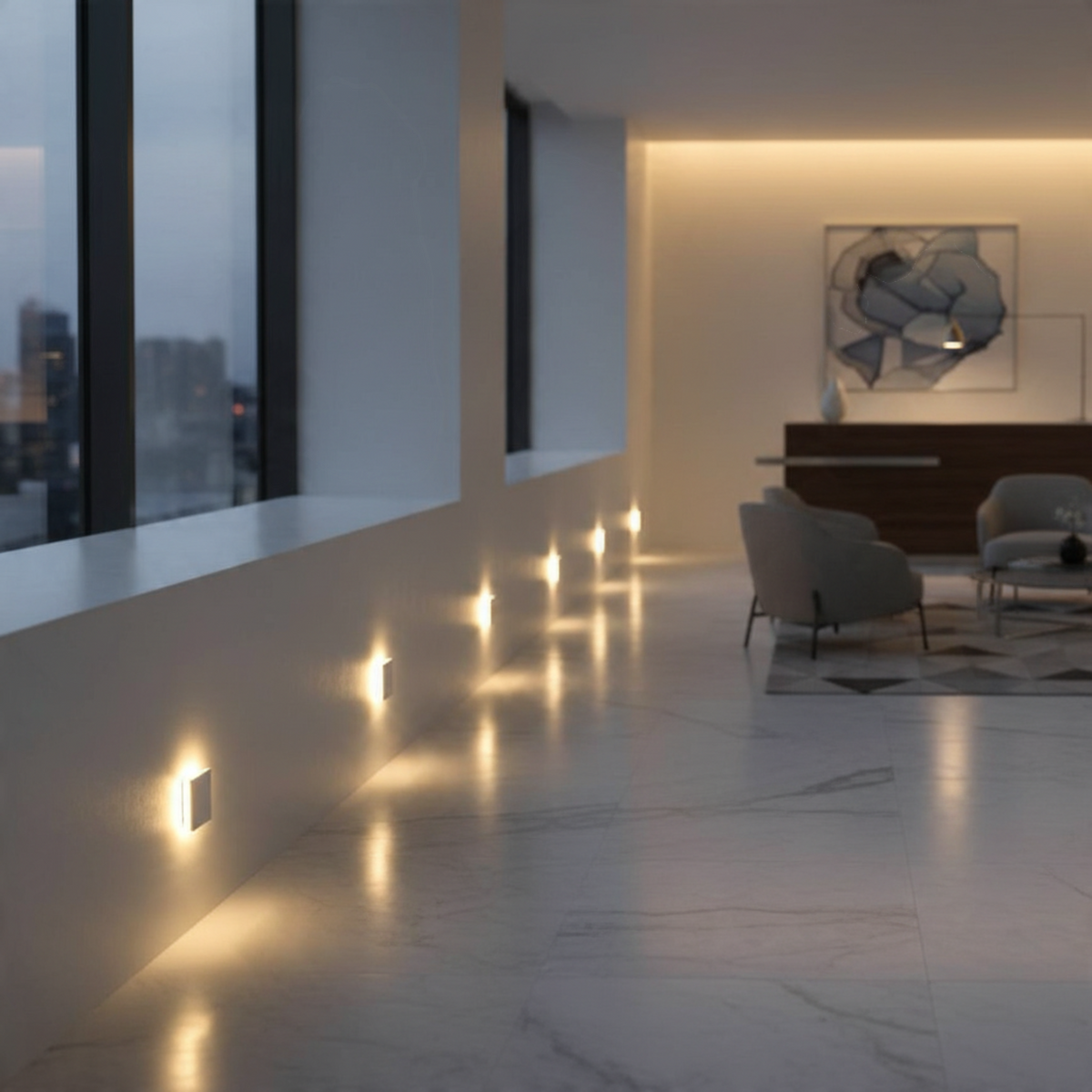 Ultra Beam Lighting Ltd square recessed LED step lights installed along a modern interior wall with warm glow
