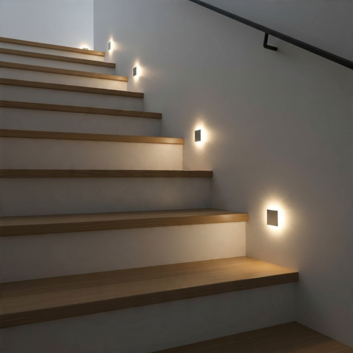 Ultra Beam Lighting Ltd square recessed LED step light installed on a modern staircase wall with warm ambient glow