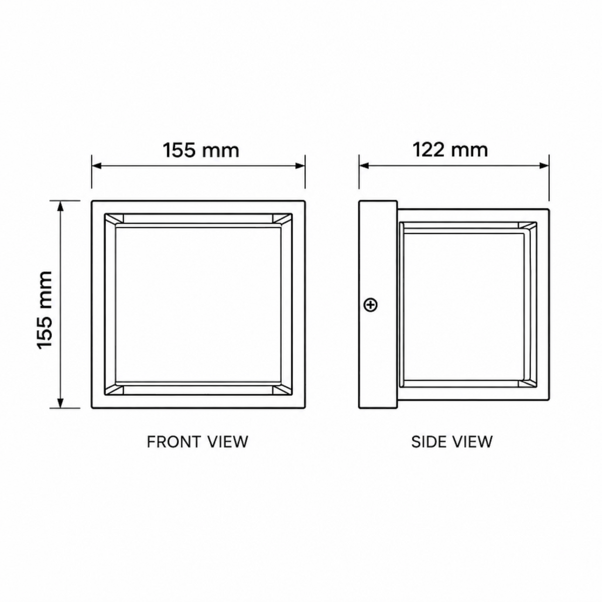 Ultra Beam Lighting Ltd 12W square outdoor wall light technical line drawing showing front and side dimensions.