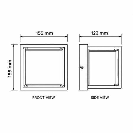Ultra Beam Lighting Ltd 12W square outdoor wall light technical line drawing showing front and side dimensions.