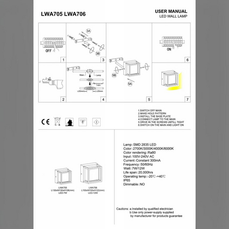 Ultra Beam Lighting Ltd LWA706 square LED wall light installation manual and technical specifications diagram