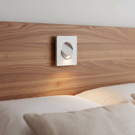 Ultra Beam Lighting Ltd square white recessed LED reading light installed in a wooden headboard
