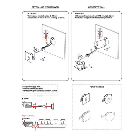 Ultra Beam Lighting Ltd installation guide for square 1-watt recessed LED staircase wall lights with wiring diagrams.
