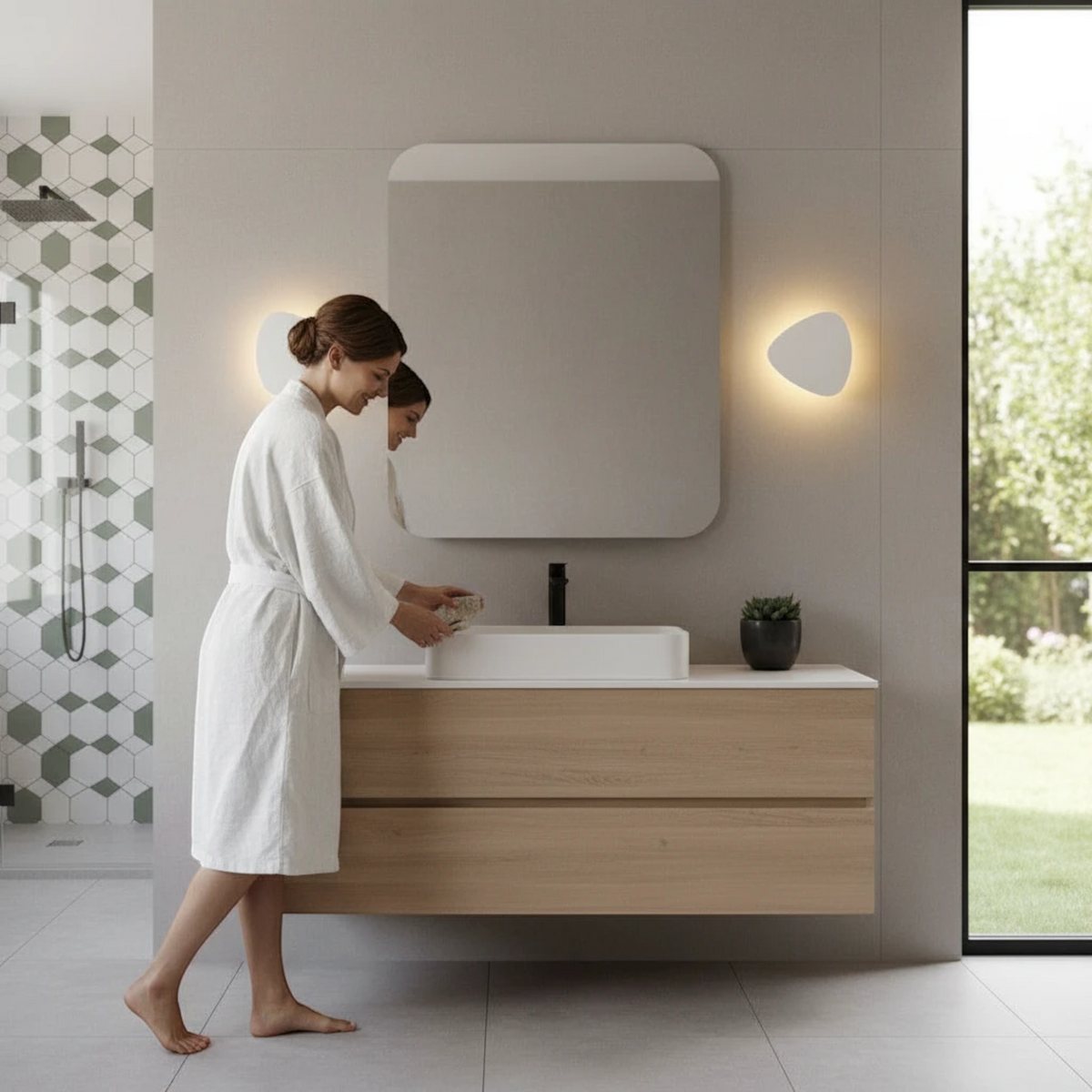 Ultra Beam Lighting Ltd triangular white LED vanity light creating a warm halo effect on a modern bathroom wall.