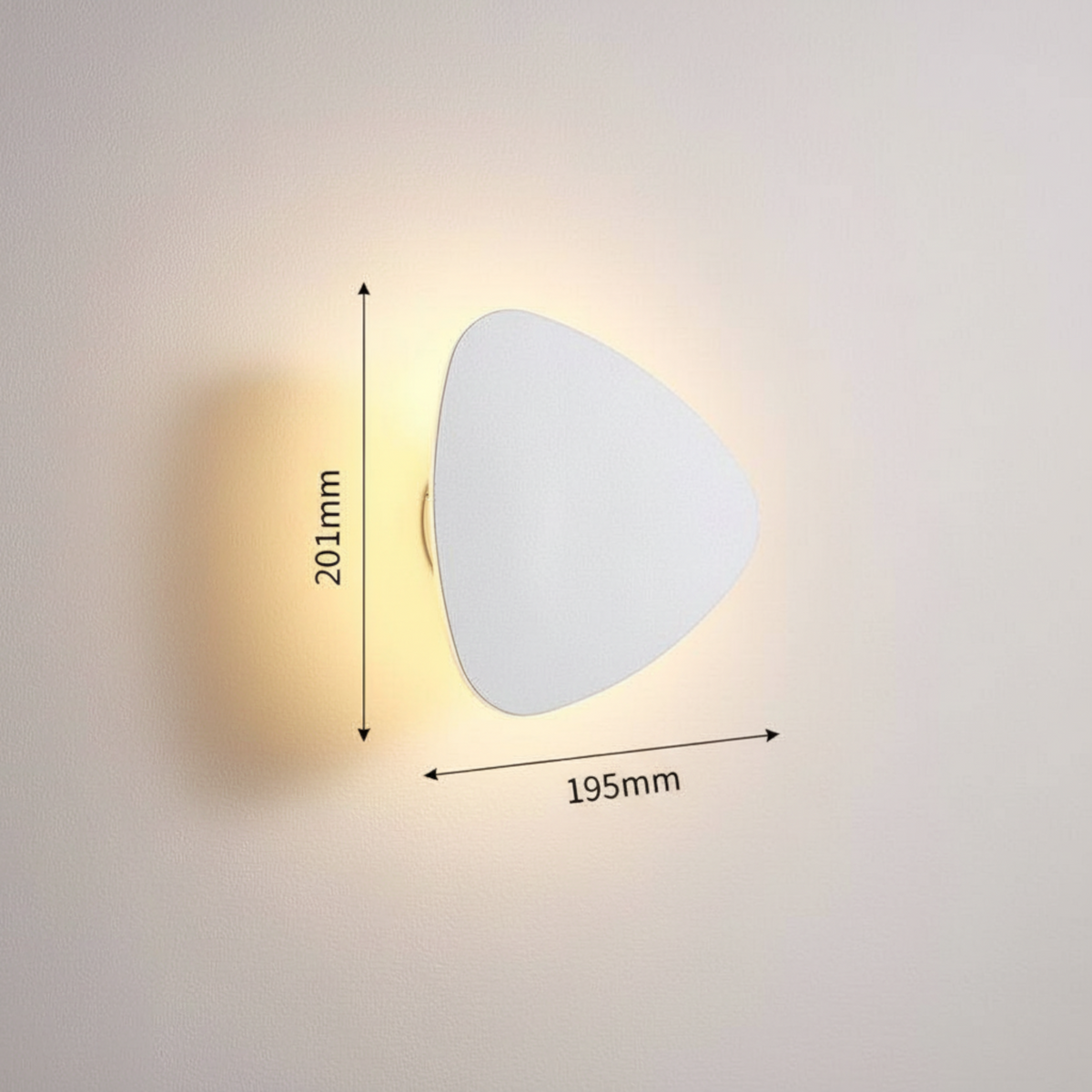 Ultra Beam Lighting Ltd triangular white LED vanity light with a halo glow effect mounted on a wall