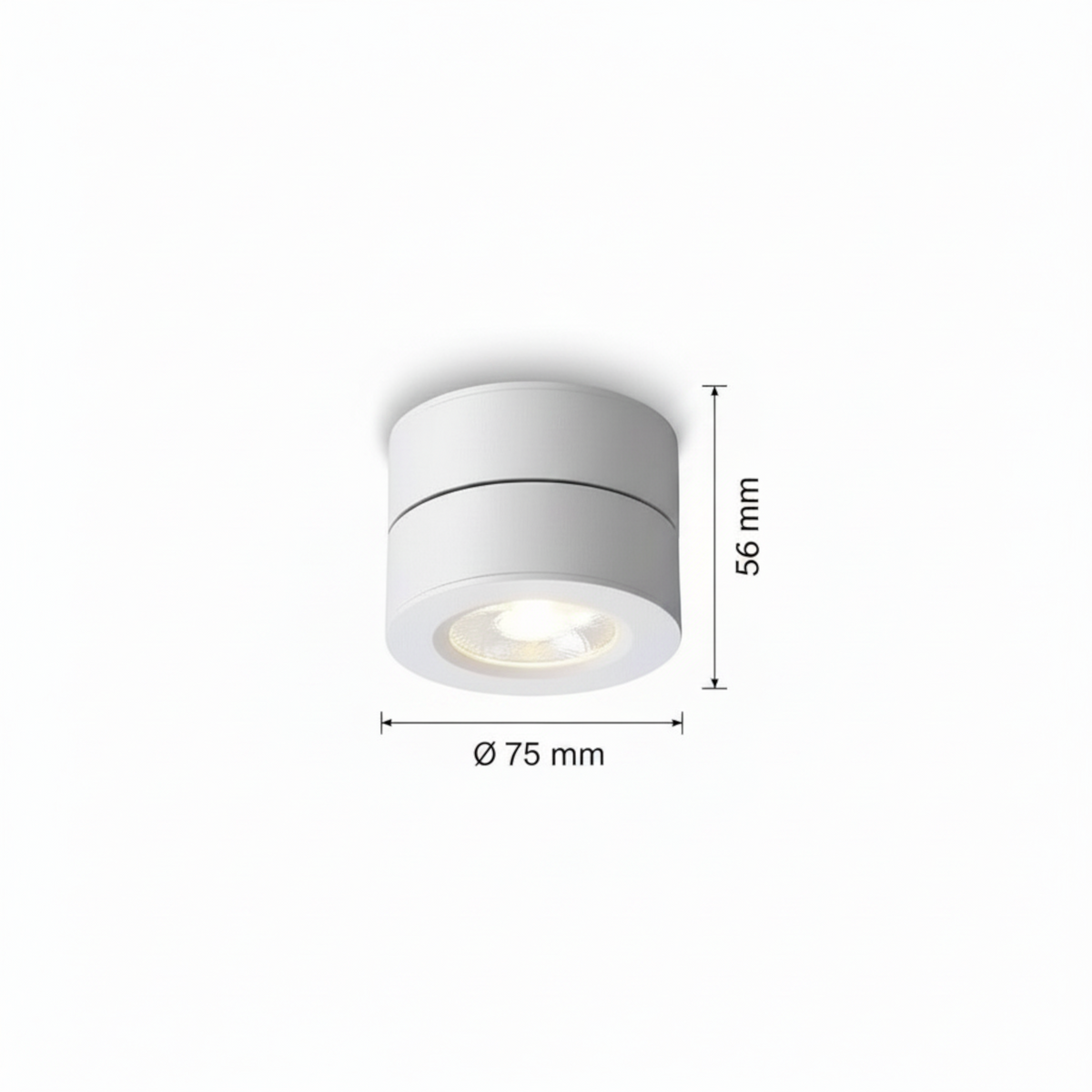 Ultra Beam Lighting Ltd 5 watt white adjustable LED ceiling light with 75mm diameter and 56mm height dimensions.
