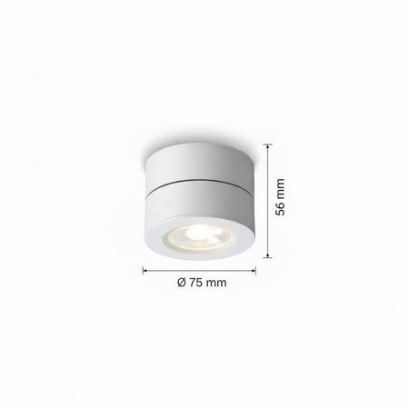 Ultra Beam Lighting Ltd 5 watt white adjustable LED ceiling light with 75mm diameter and 56mm height dimensions.