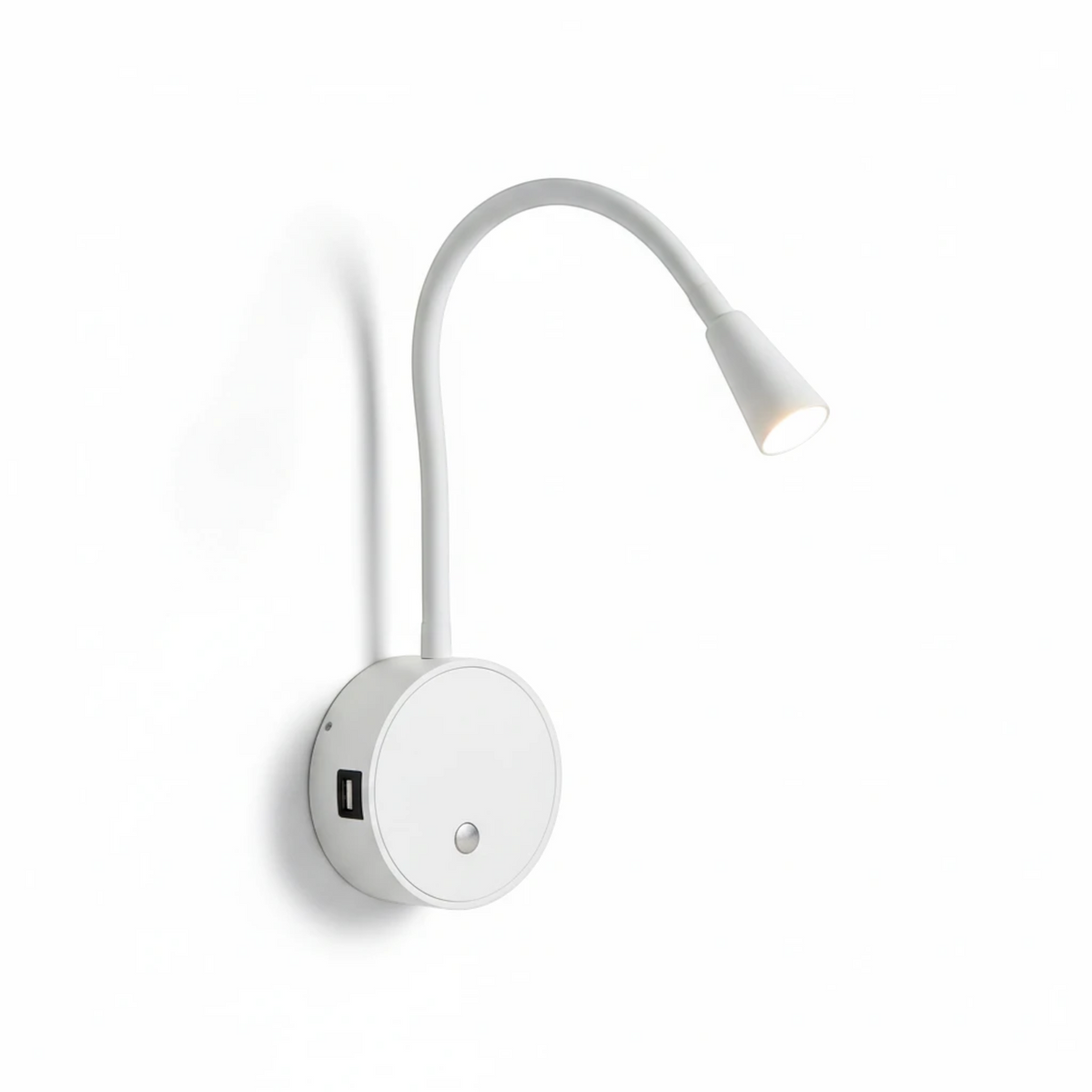 Ultra Beam Lighting Ltd white flexible LED reading lamp with integrated USB charging ports on a wall mount