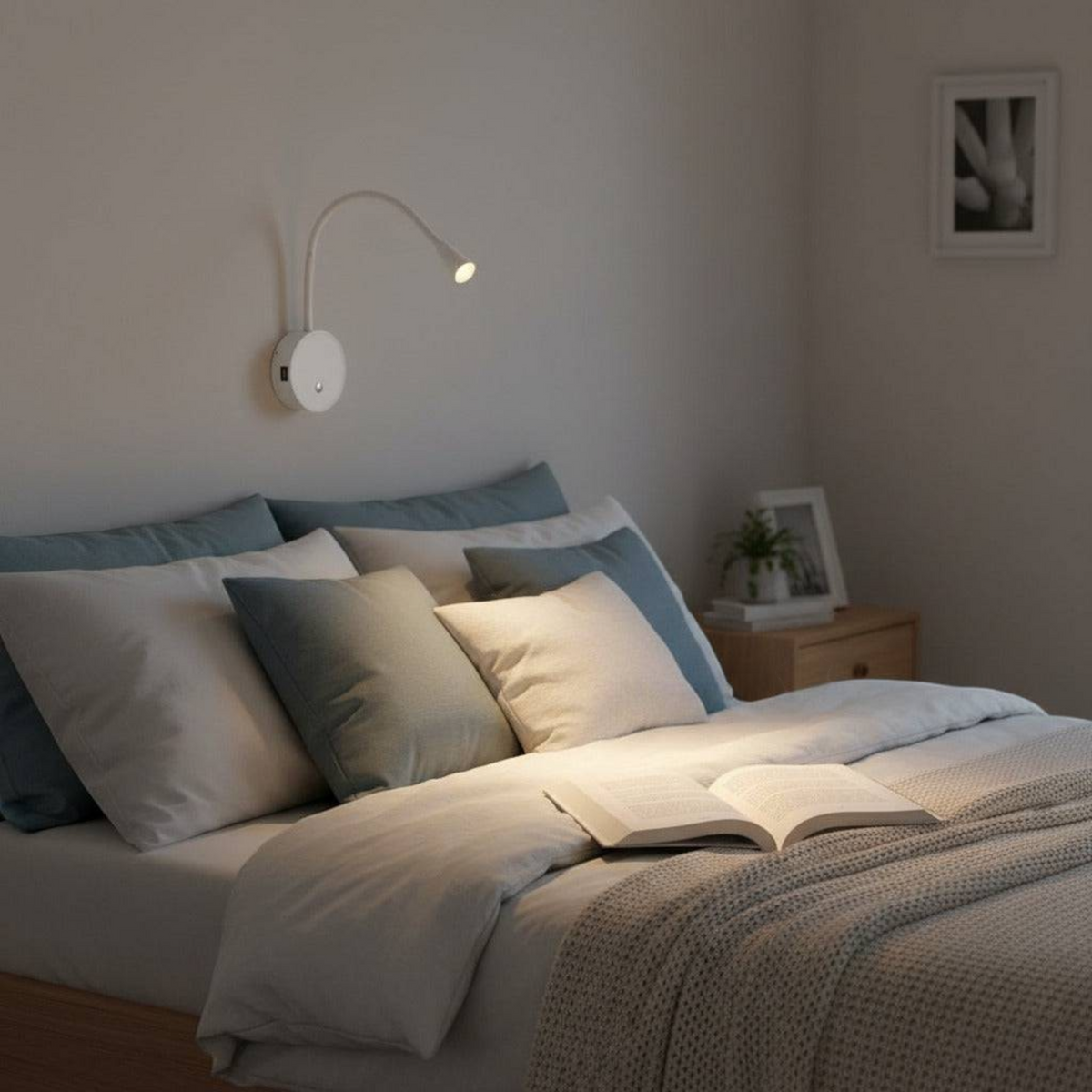 Ultra Beam Lighting Ltd white flexible LED reading lamp with USB ports mounted above a modern bedroom bed