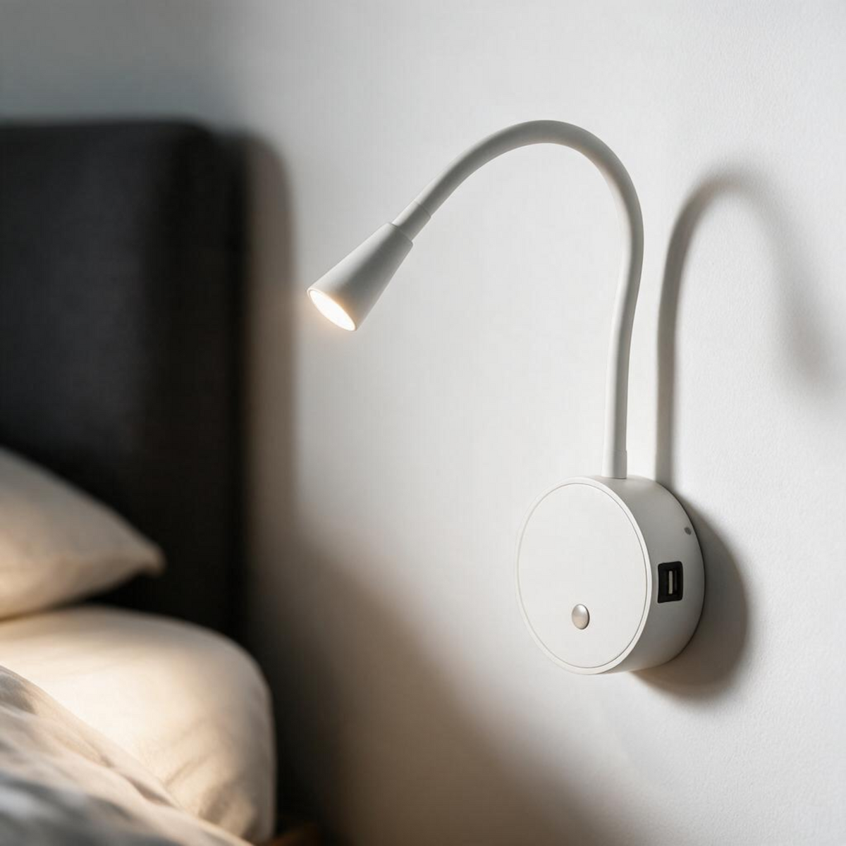 Ultra Beam Lighting Ltd white flexible LED reading lamp with integrated USB charging ports mounted on a bedroom wall