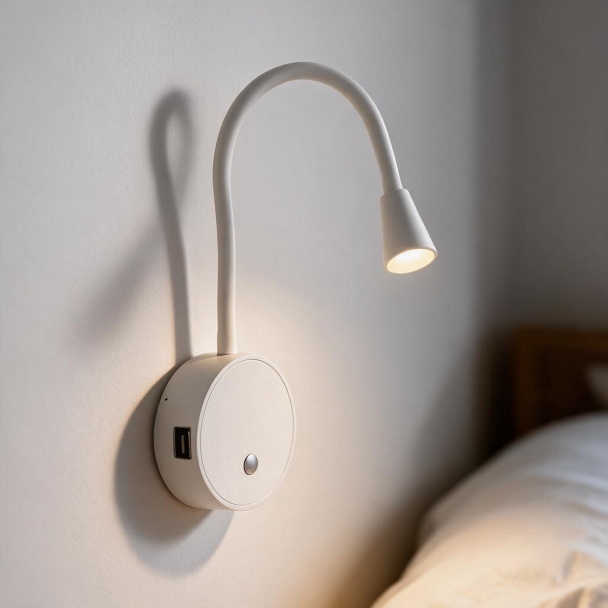 Ultra Beam Lighting Ltd white flexible LED reading lamp with built-in USB charging ports mounted on a bedroom wall.