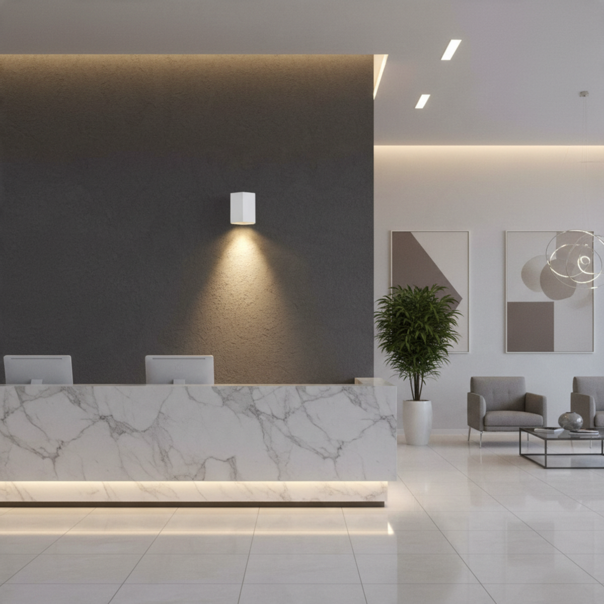 Ultra Beam Lighting Ltd white hexagonal LED wall downlight casting a warm downward beam on a modern office wall.