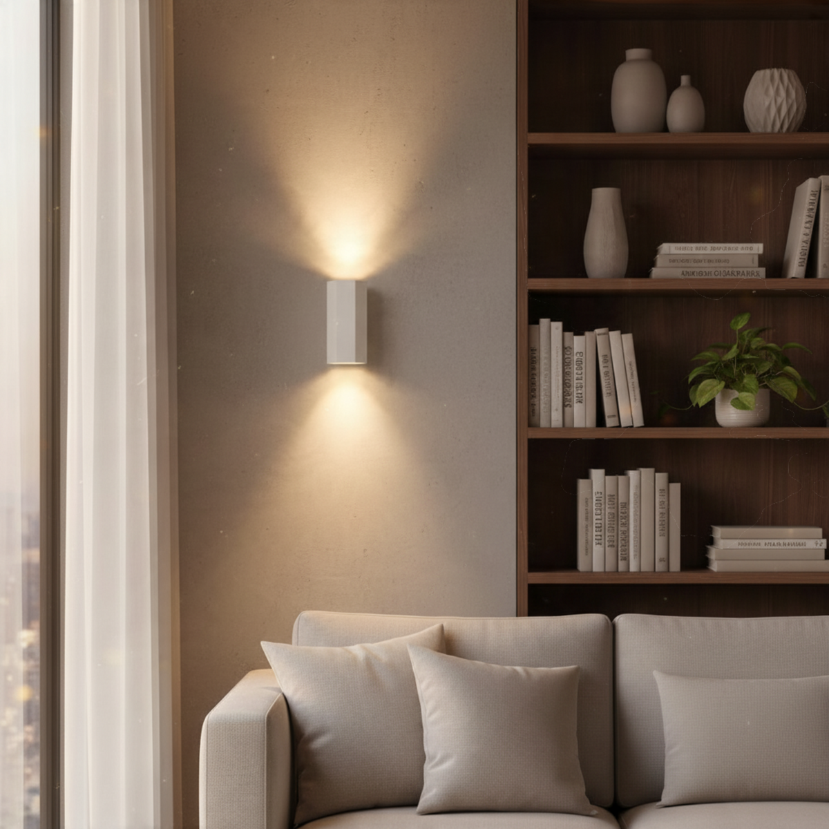 Ultra Beam Lighting Ltd white hexagonal LED wall light casting warm up and down beams on a modern living room wall.