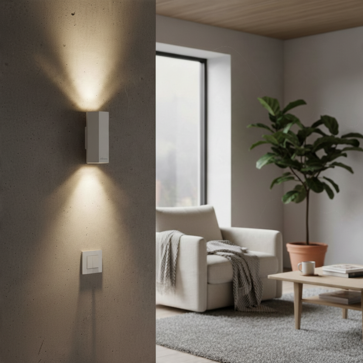 Ultra Beam Lighting Ltd white hexagonal LED wall light casting up and down beams on a modern concrete interior wall.