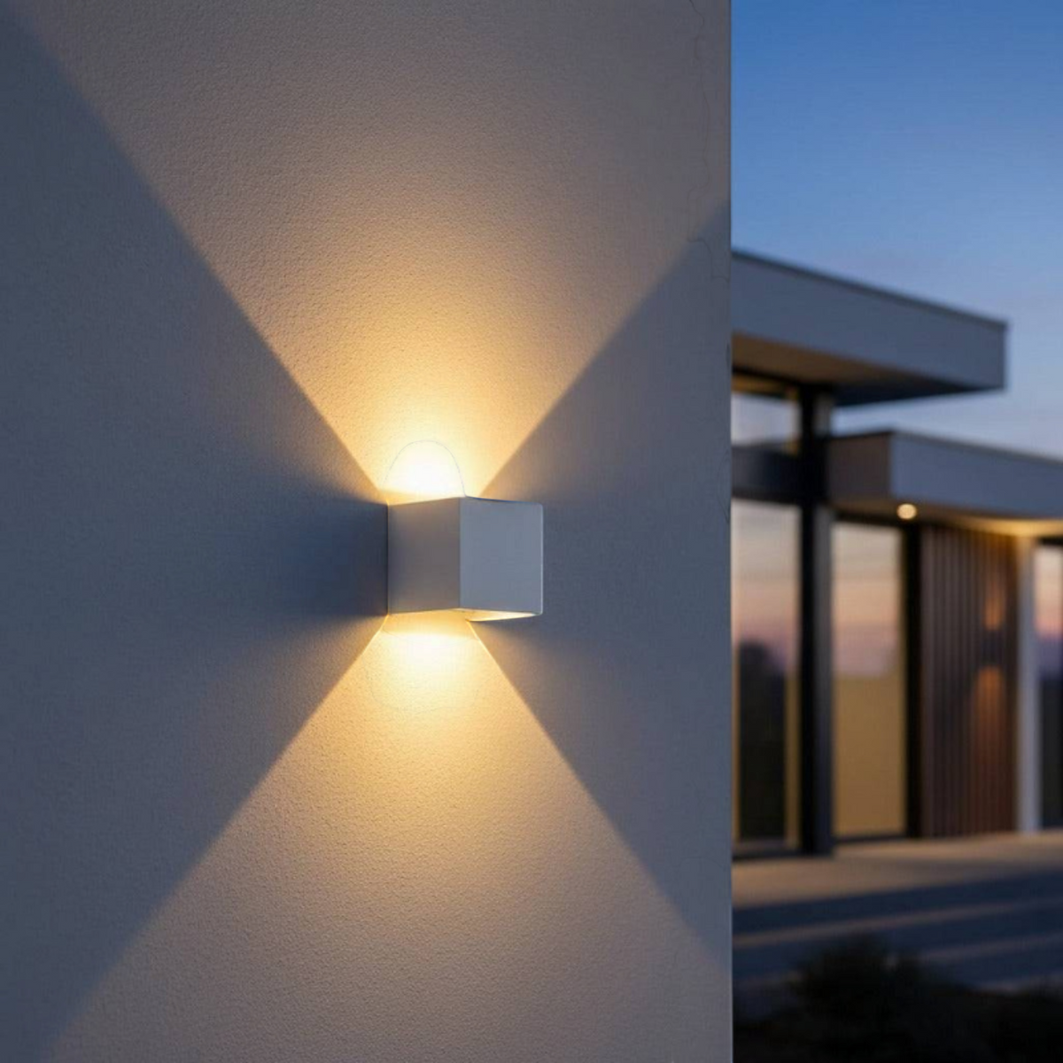 Ultra Beam Lighting Ltd white LED up and down outdoor wall light casting a warm glow on a modern exterior wall