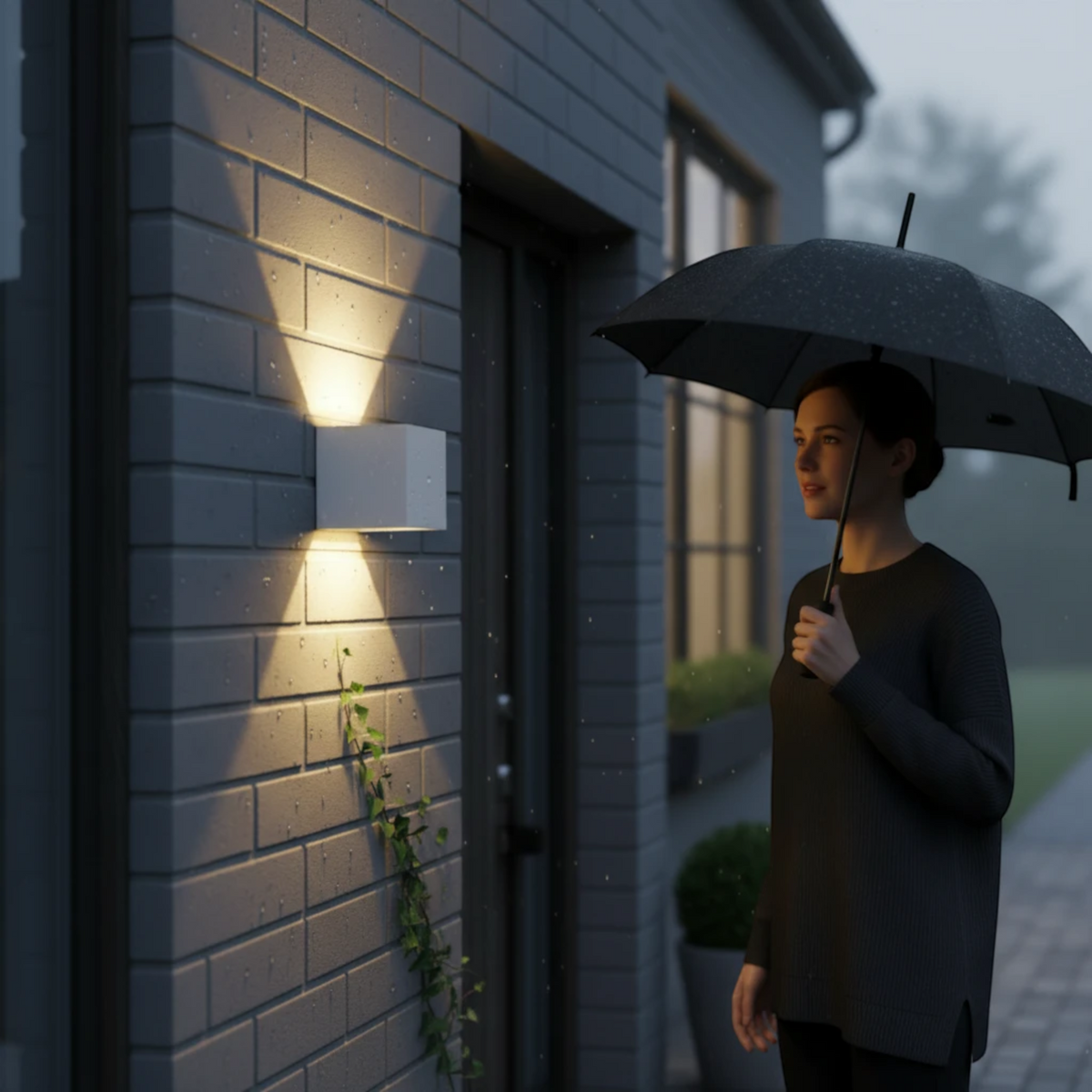 Ultra Beam Lighting Ltd white LED up and down wall light casting a warm glow on a brick exterior wall in the rain