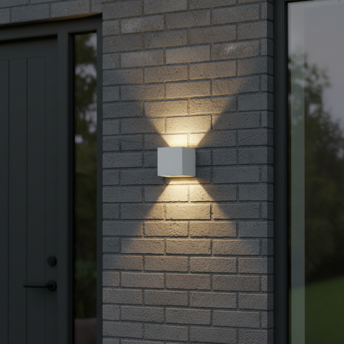 Ultra Beam Lighting Ltd white 6W LED up and down outdoor wall light casting a warm glow on a grey brick exterior wall
