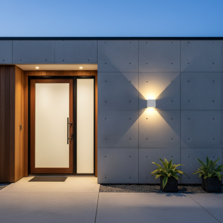 Ultra Beam Lighting Ltd white LED up and down wall light casting a warm glow on a modern concrete exterior wall.